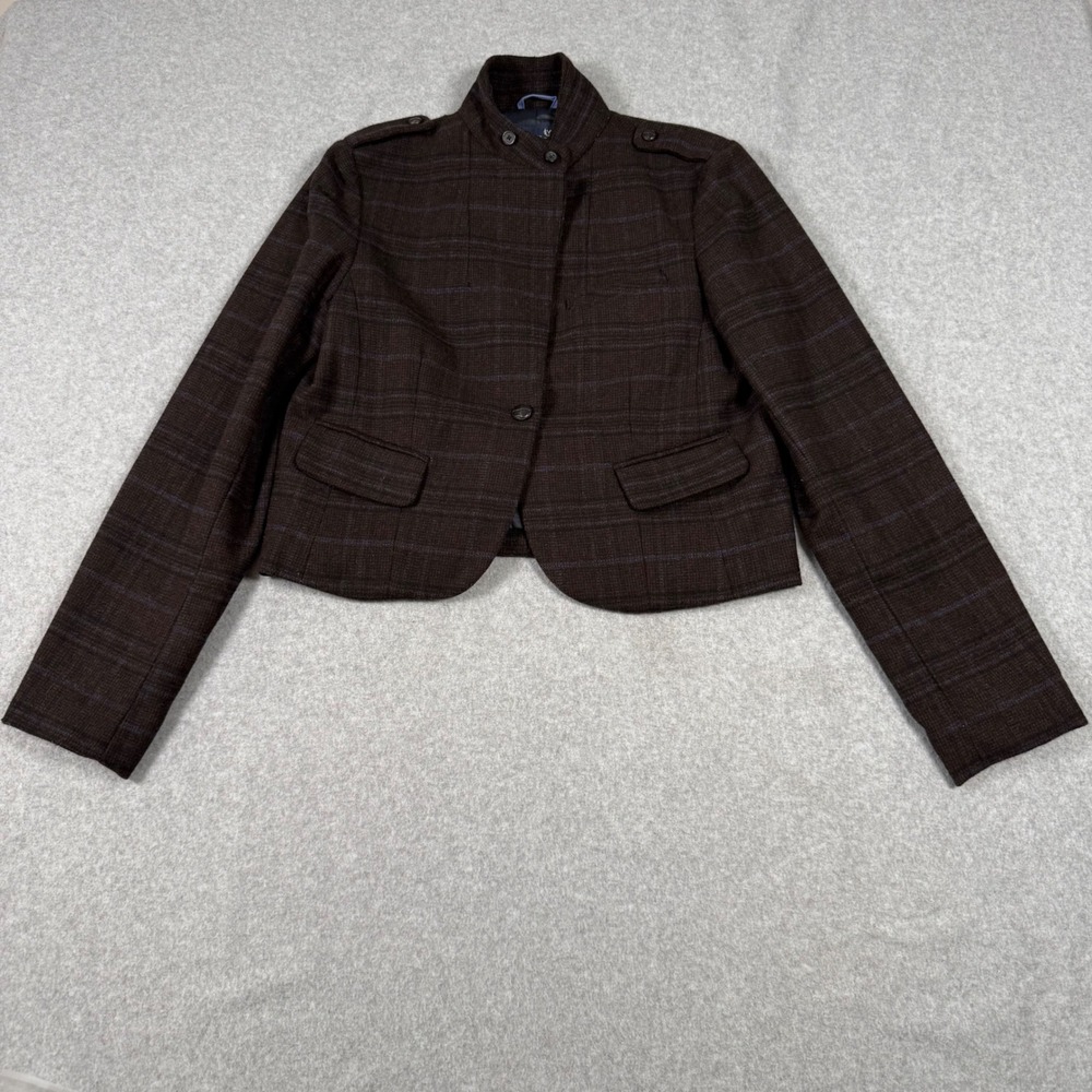 American Eagle Outfitters Brown Plaid Wool Blend Cropped Military Jacket L
